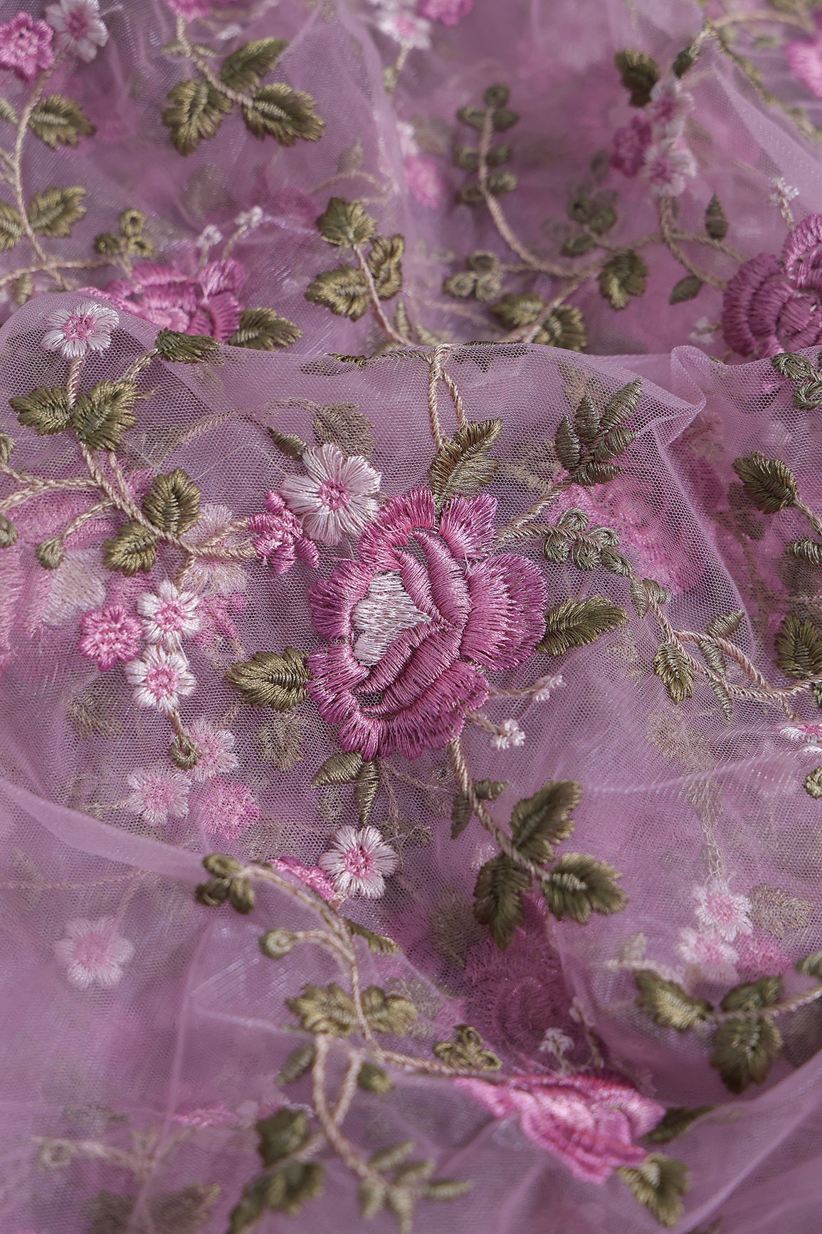 Multi Colour Floral Thread Embroidery Work On Lilac Soft Net Fabric