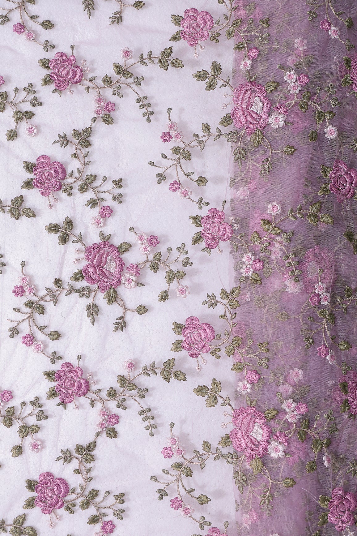 Multi Colour Floral Thread Embroidery Work On Lilac Soft Net Fabric