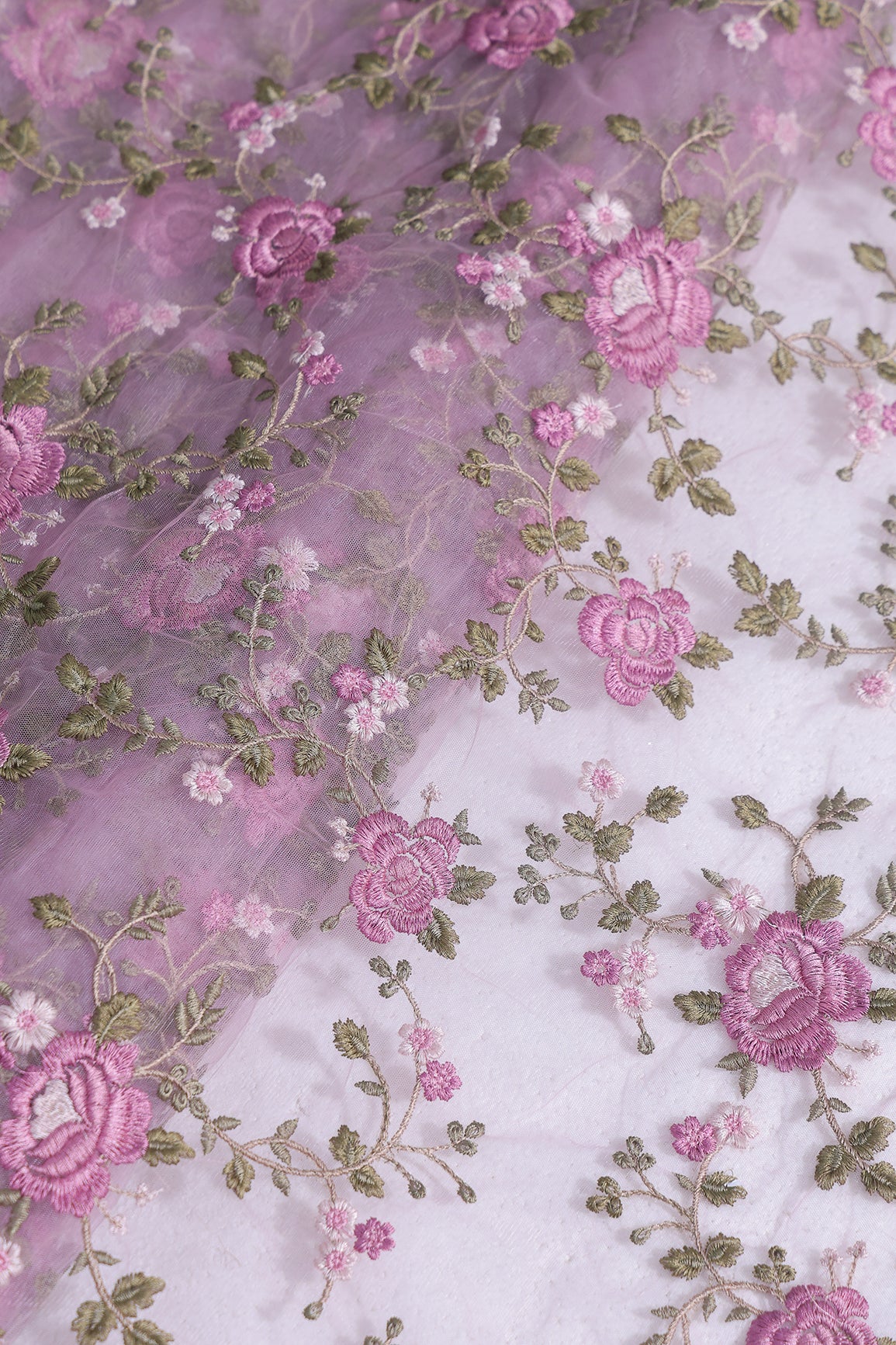 Multi Colour Floral Thread Embroidery Work On Lilac Soft Net Fabric