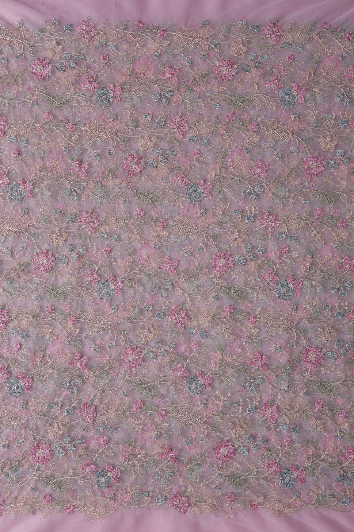 Multi Colour Floral Thread Embroidery Work On Pink Soft Net Fabric