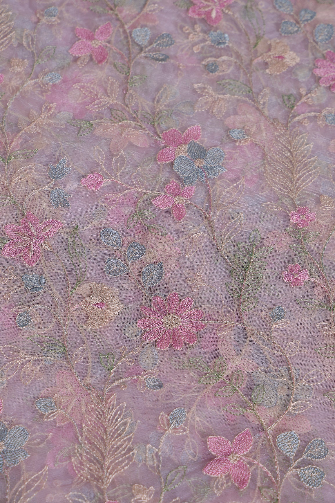 Multi Colour Floral Thread Embroidery Work On Pink Soft Net Fabric