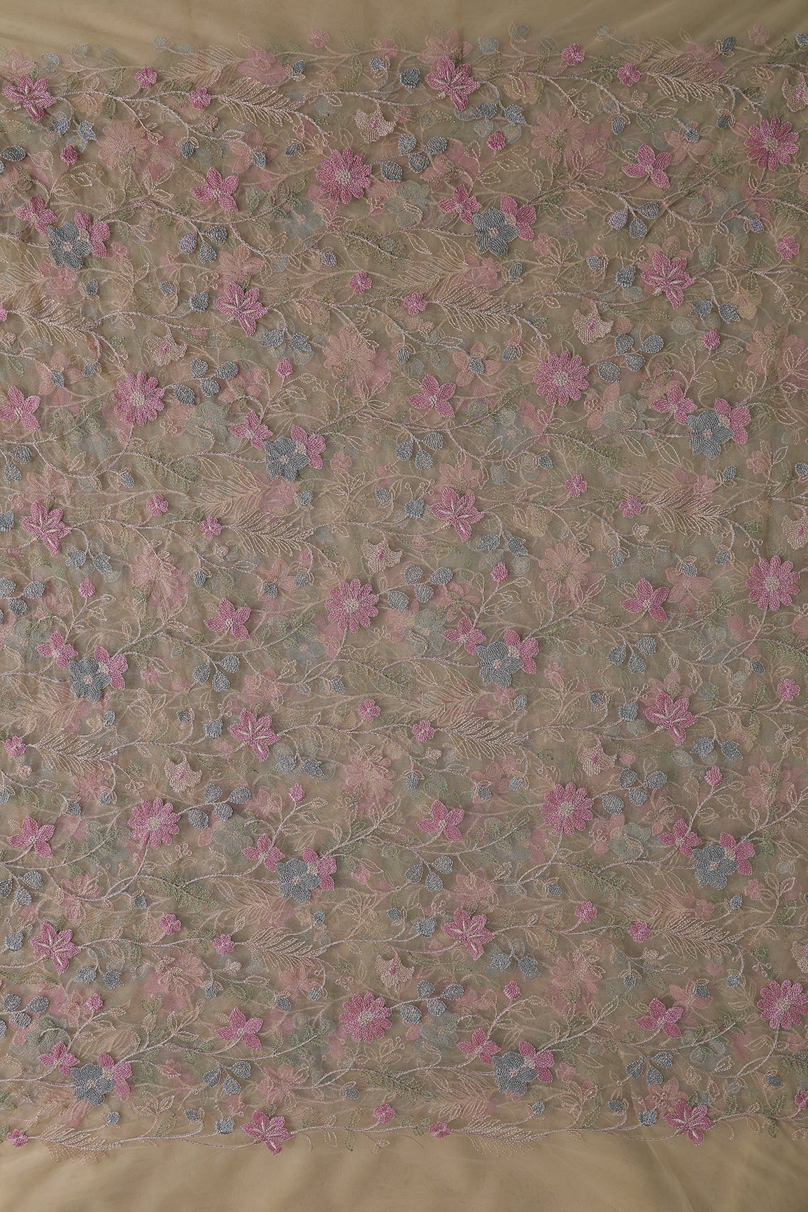 Multi Colour Floral Thread Embroidery Work On Beige Soft Net Fabric
