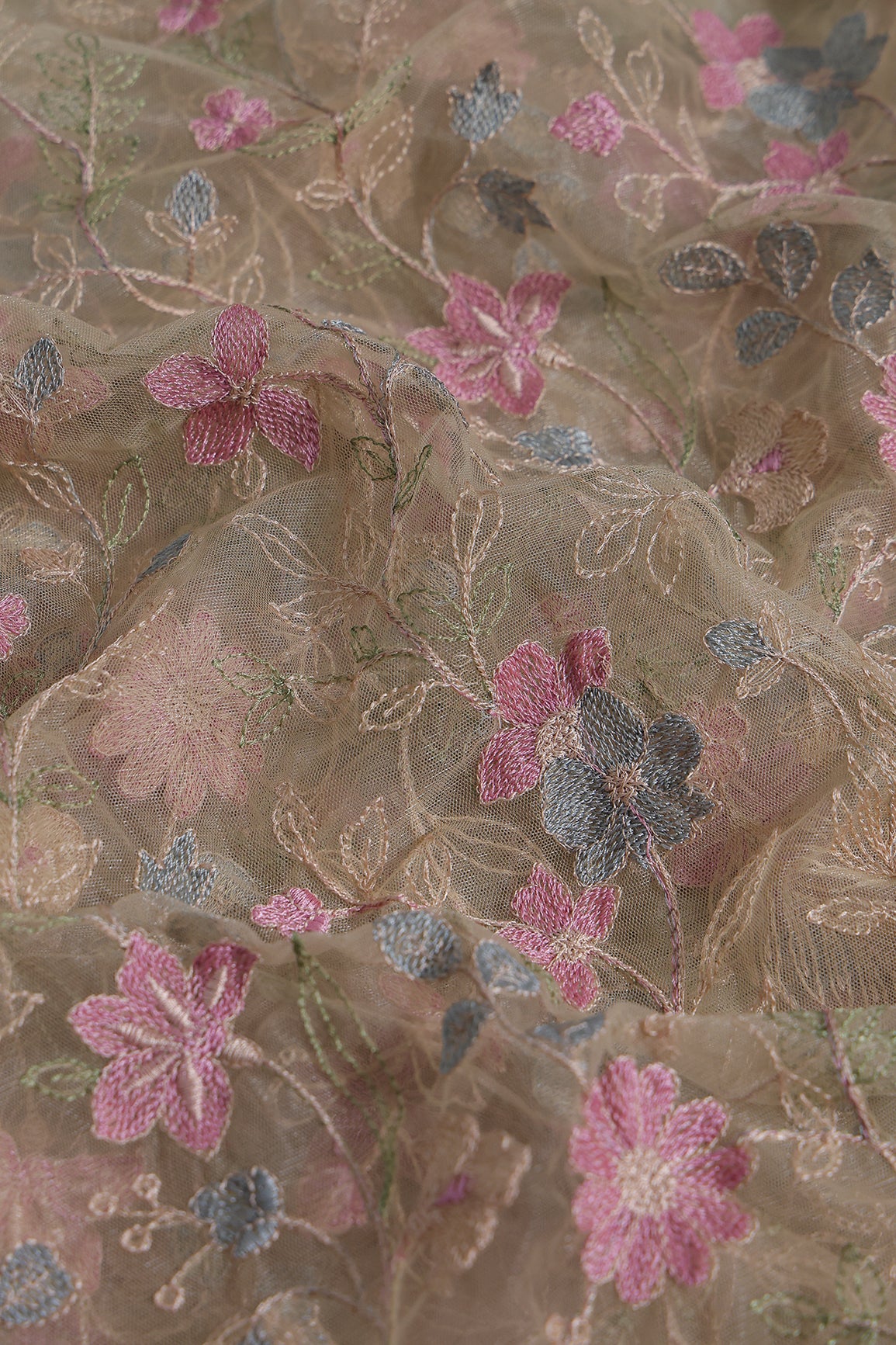 Multi Colour Floral Thread Embroidery Work On Beige Soft Net Fabric