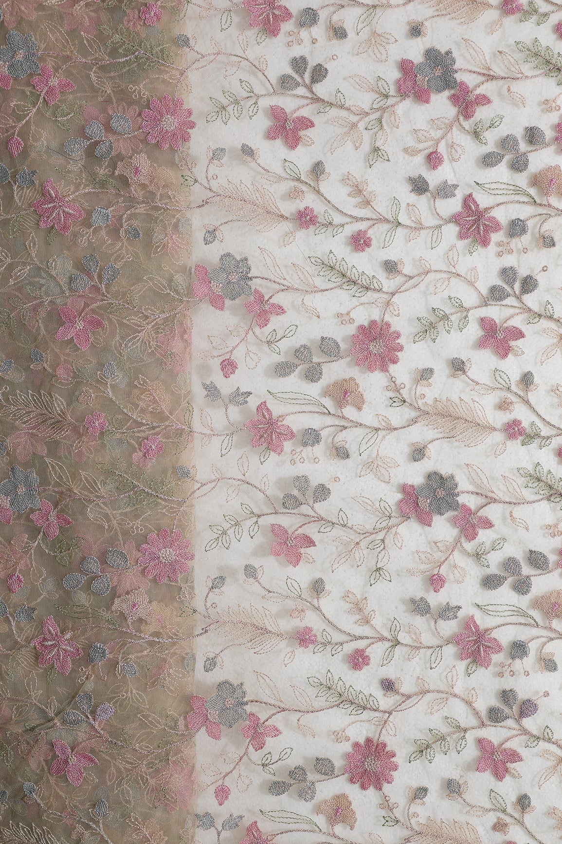 Multi Colour Floral Thread Embroidery Work On Beige Soft Net Fabric