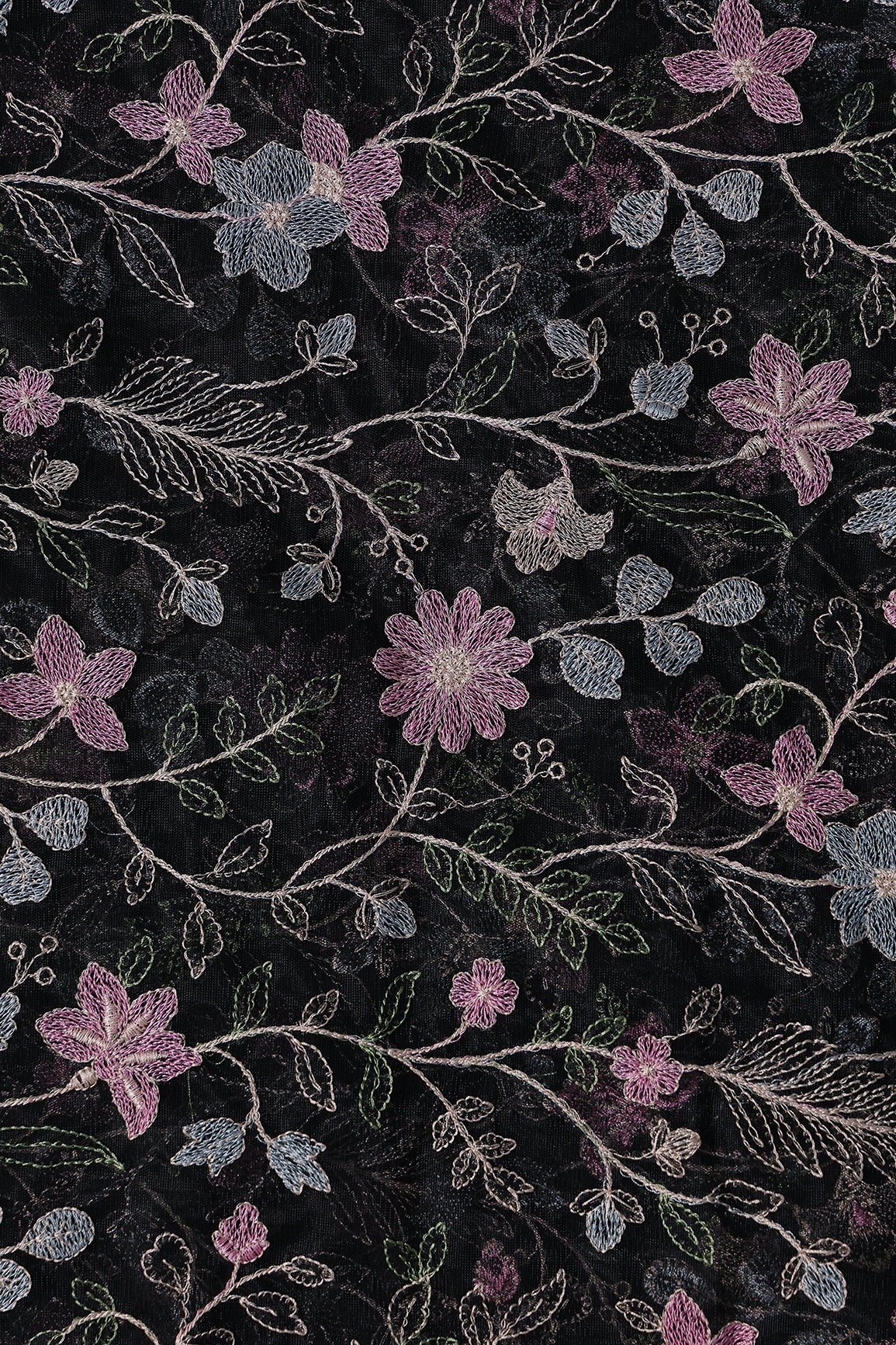 Multi Colour Floral Thread Embroidery Work On Black Soft Net Fabric