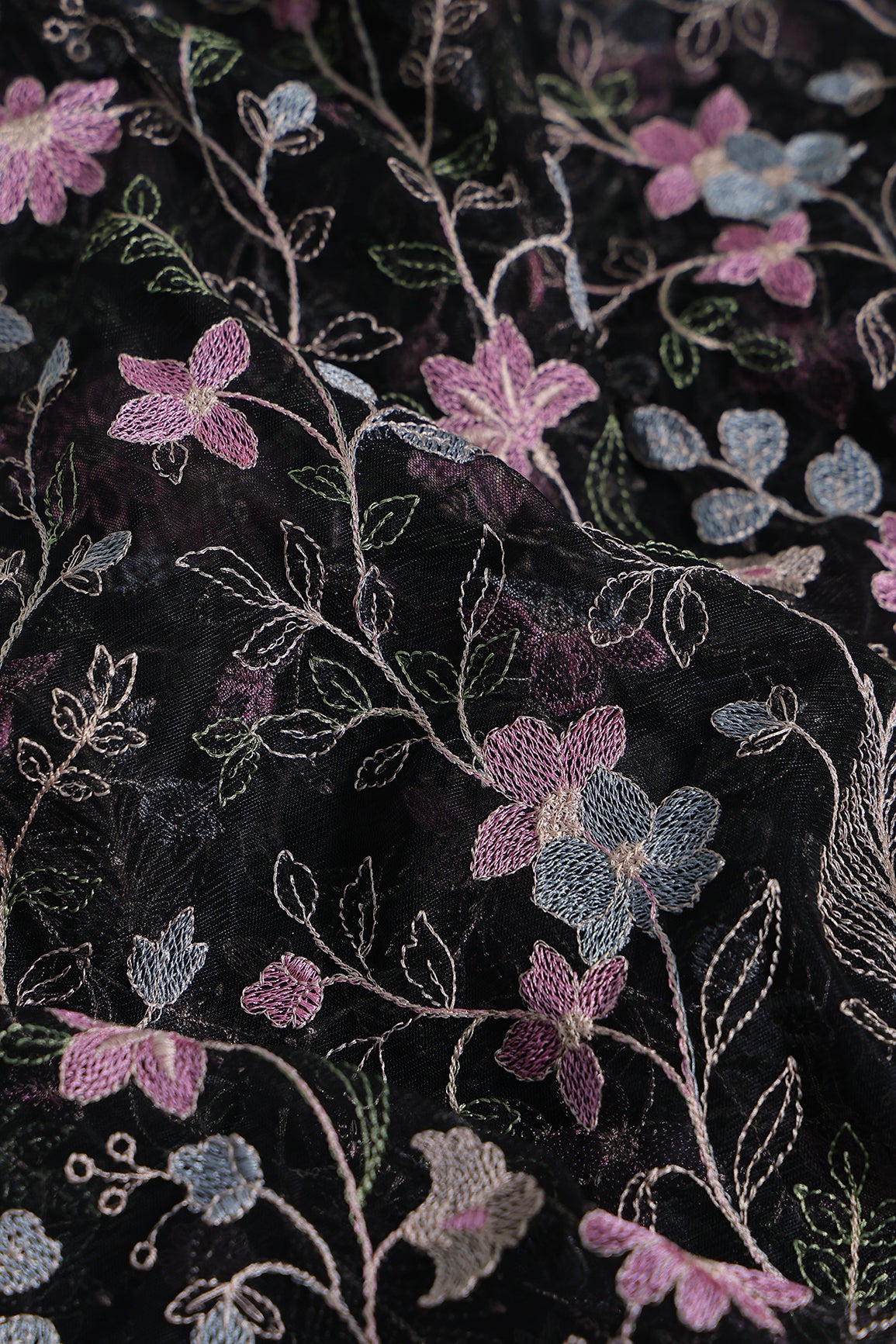 Multi Colour Floral Thread Embroidery Work On Black Soft Net Fabric