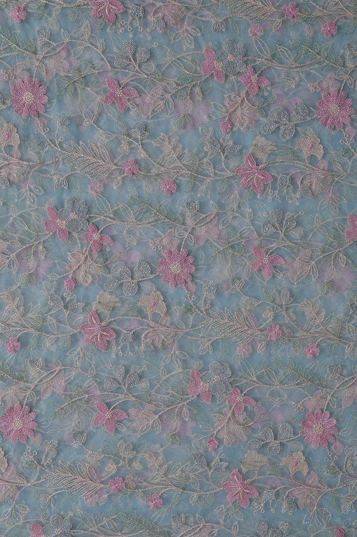 Multi Colour Floral Thread Embroidery Work On Sky Blue Soft Net Fabric