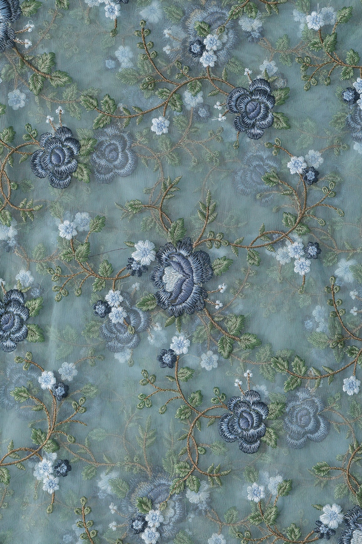 Multi Colour Floral Thread Embroidery Work On Teal Soft Net Fabric