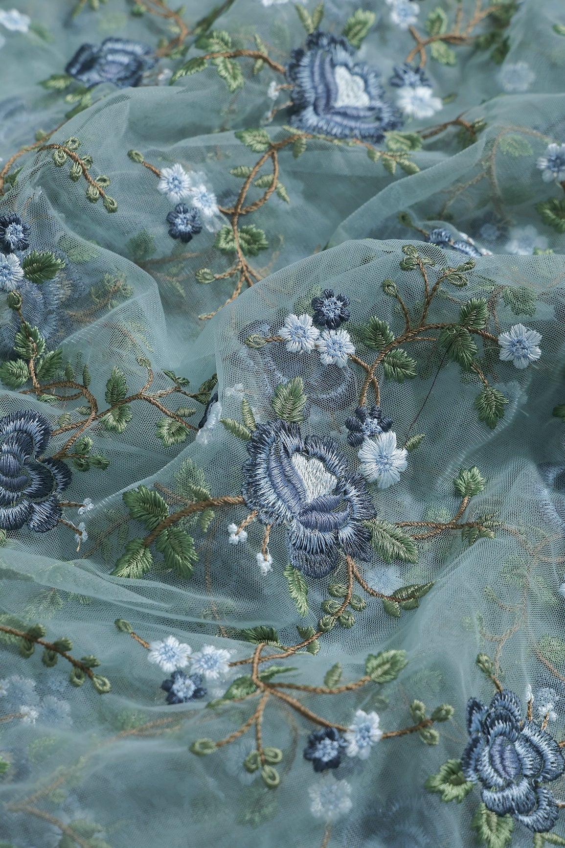 Multi Colour Floral Thread Embroidery Work On Teal Soft Net Fabric