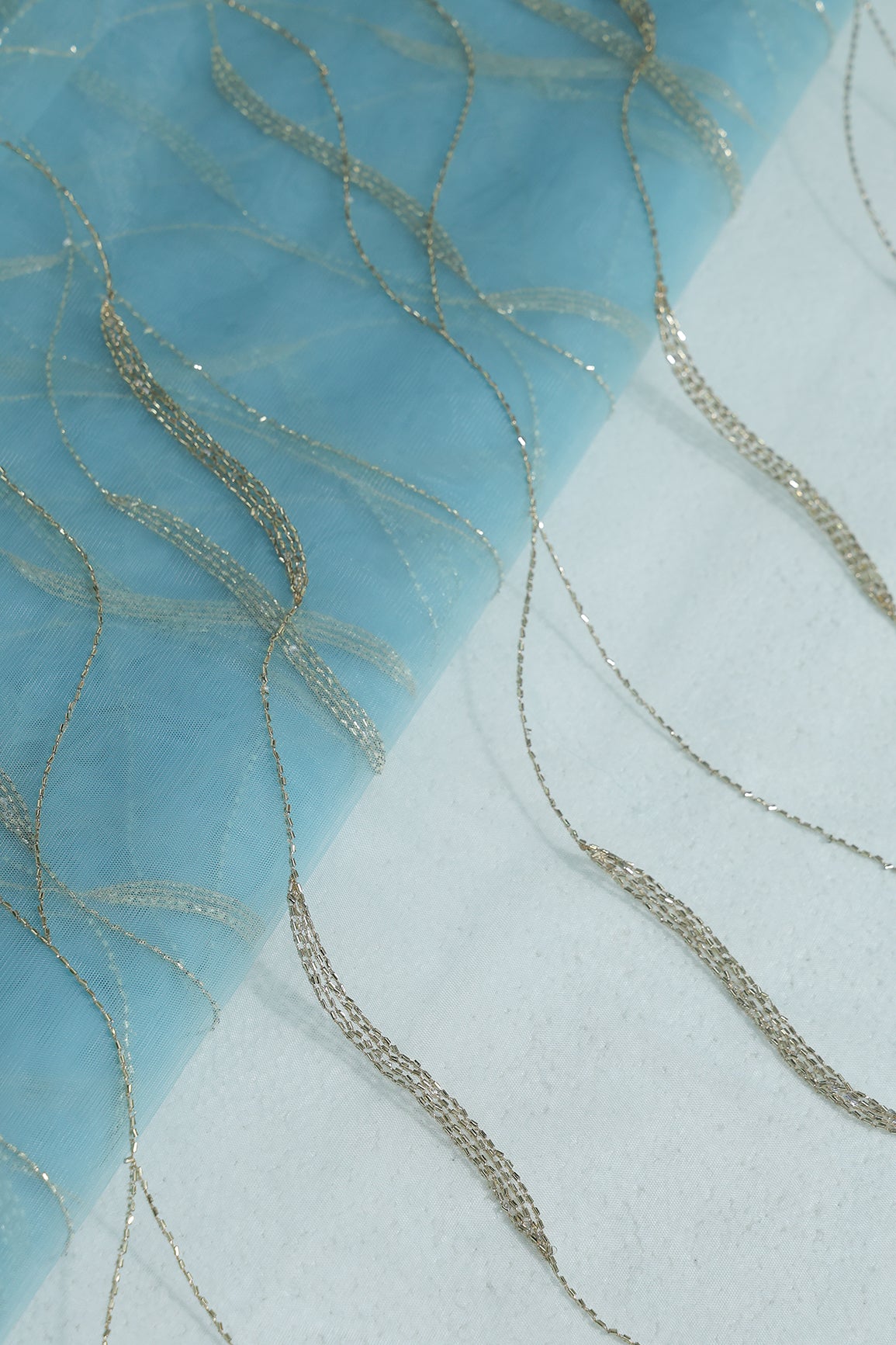 Leheriya Embroidery Work With Sequins And Beads On Blue Soft Net Fabric