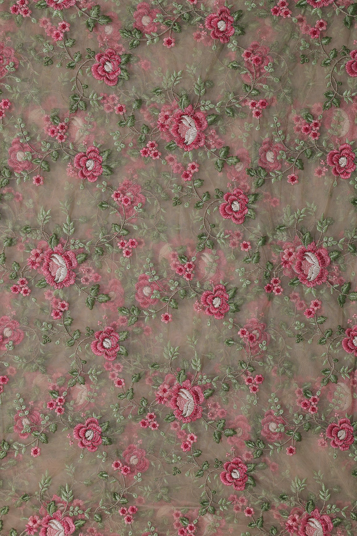 Multi Colour Floral Thread Embroidery Work On Beige Soft Net Fabric