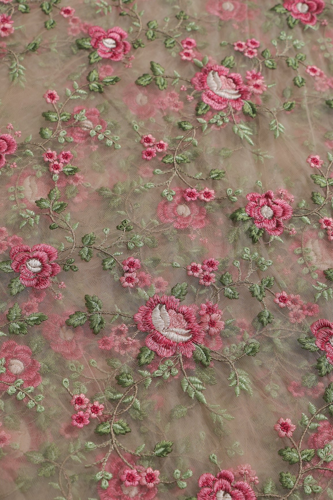 Multi Colour Floral Thread Embroidery Work On Beige Soft Net Fabric