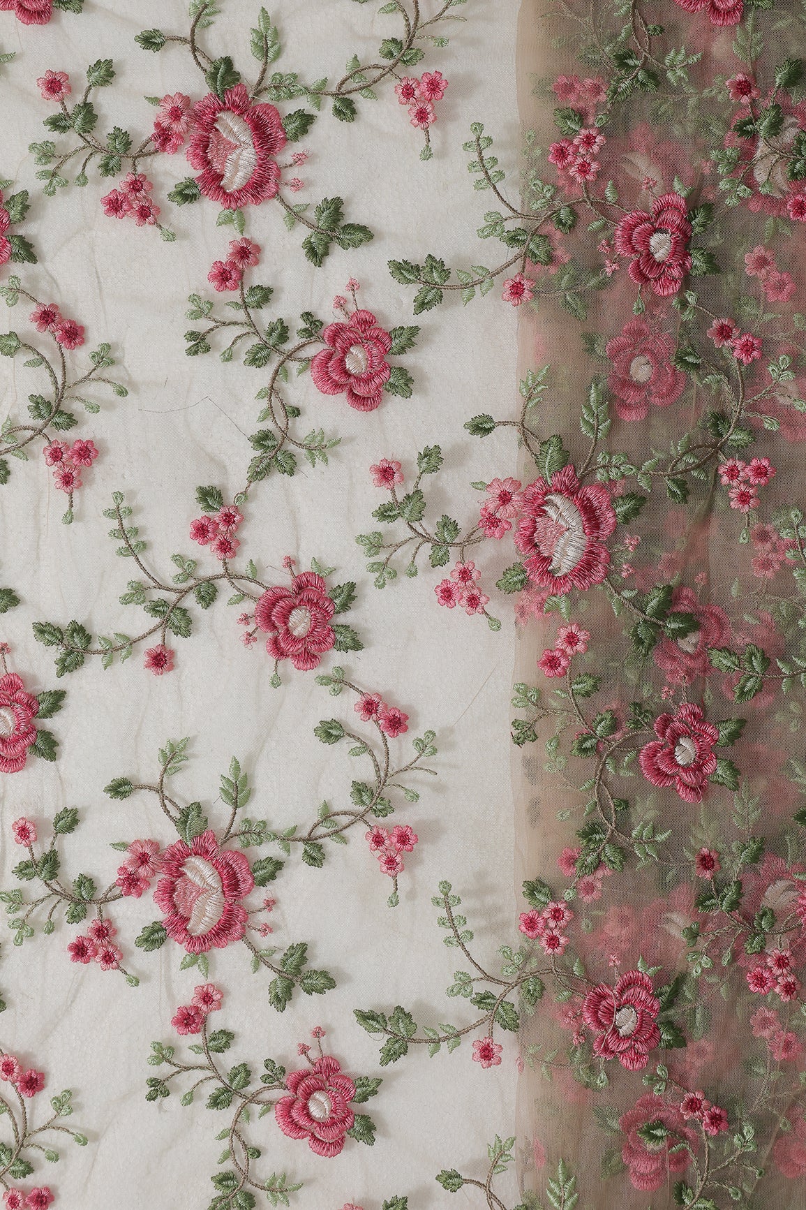Multi Colour Floral Thread Embroidery Work On Beige Soft Net Fabric