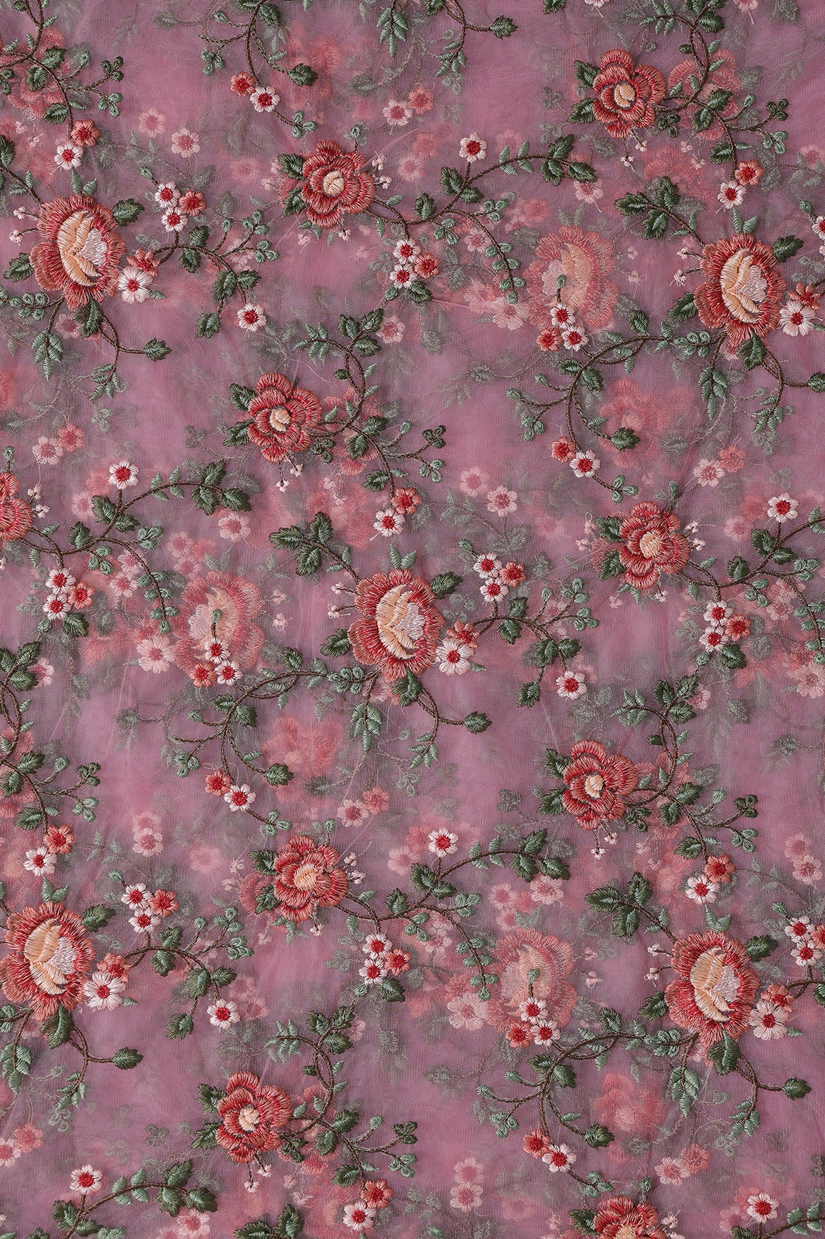 Multi Colour Floral Thread Embroidery Work On Pink Soft Net Fabric