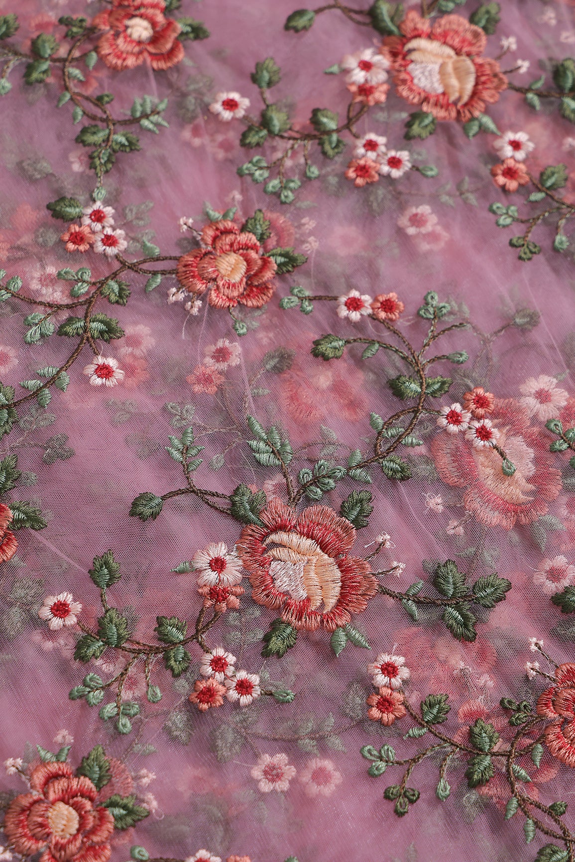 Multi Colour Floral Thread Embroidery Work On Pink Soft Net Fabric