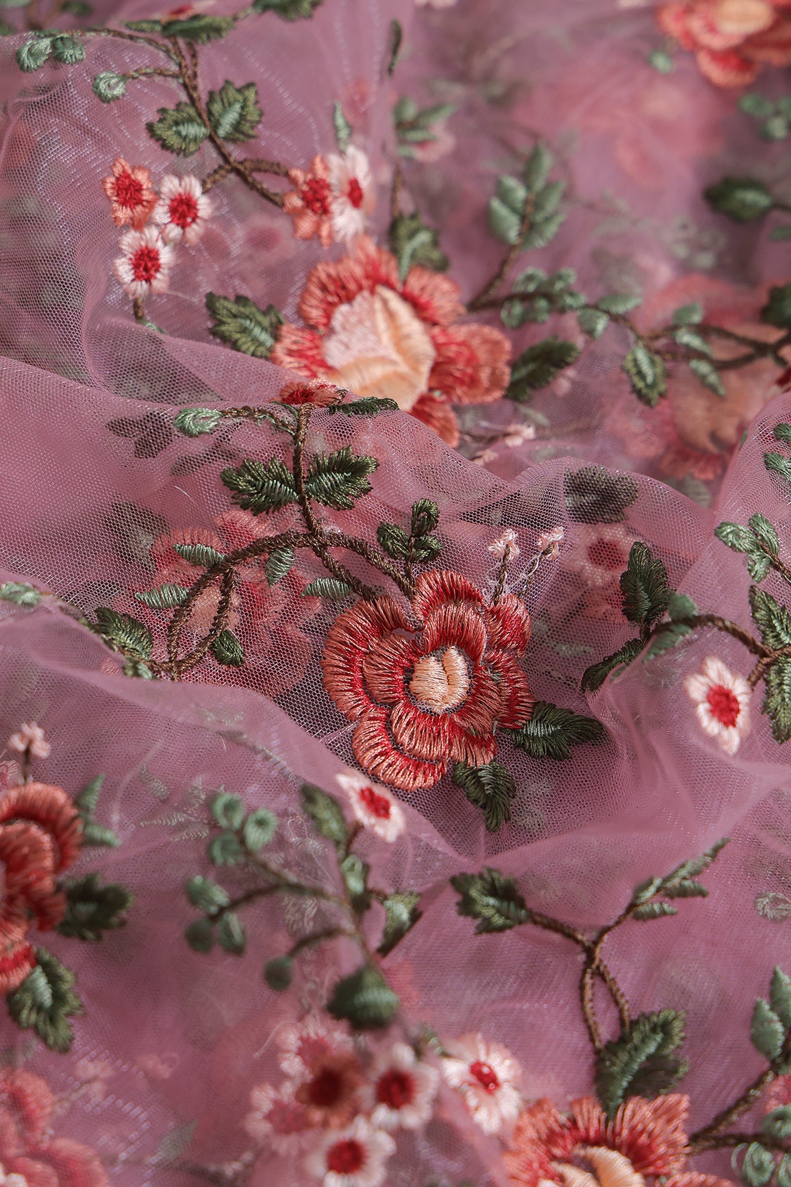 Multi Colour Floral Thread Embroidery Work On Pink Soft Net Fabric