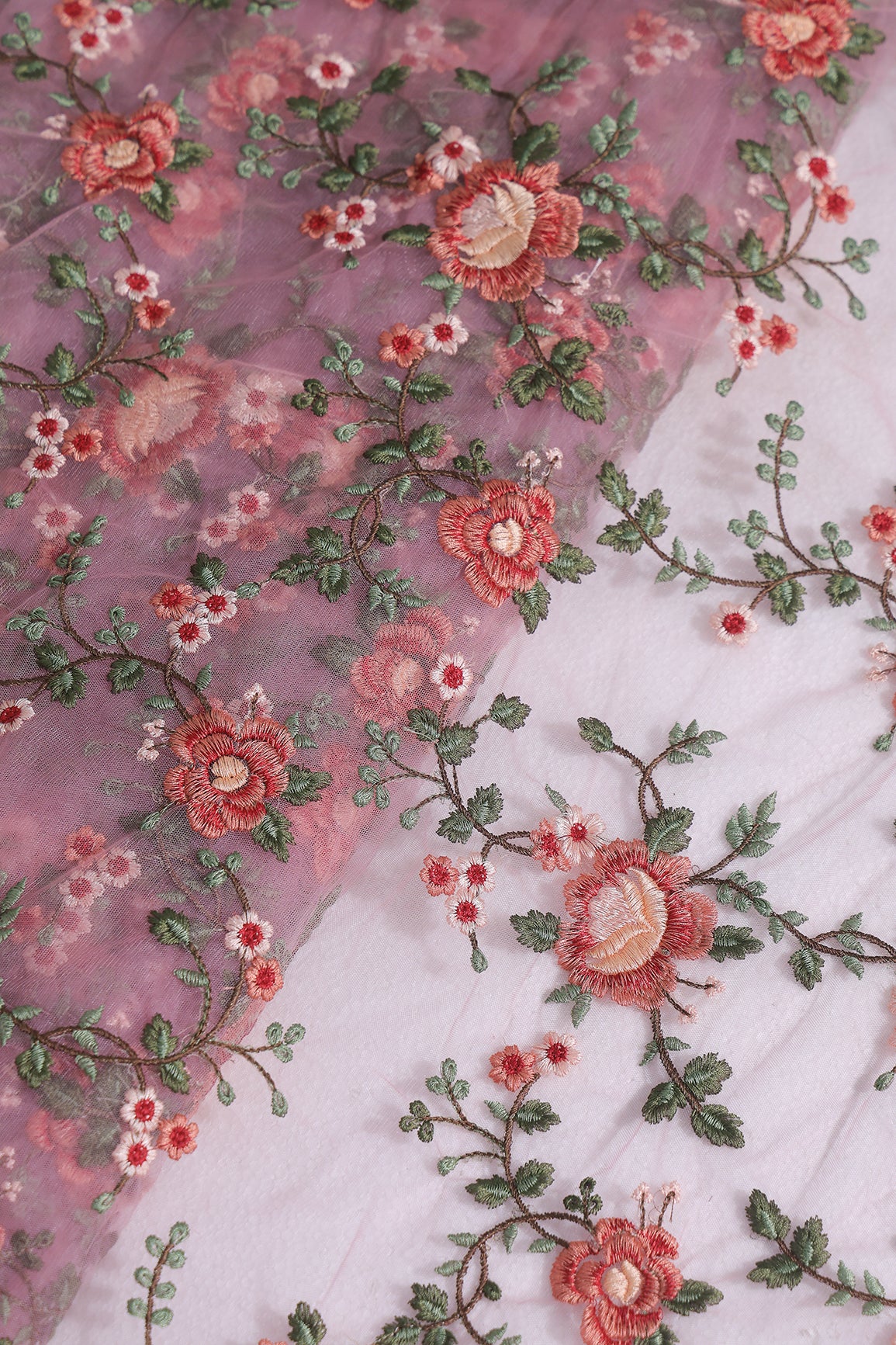 Multi Colour Floral Thread Embroidery Work On Pink Soft Net Fabric