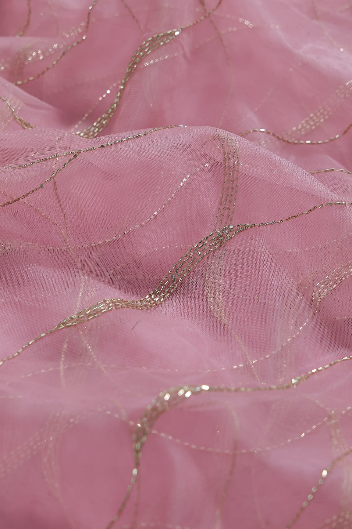 Leheriya Embroidery Work With Sequins And Beads On Pink Soft Net Fabric