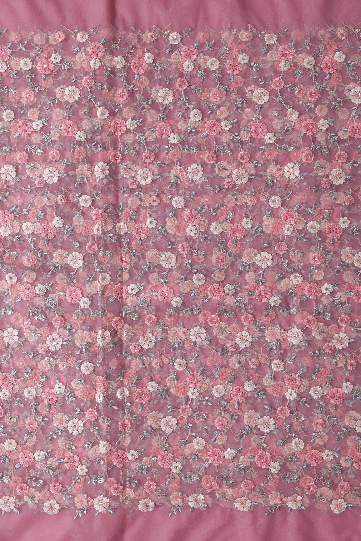 Pink And Cream Thread With Gold Sequins Floral Embroidery On Pink Soft Net Fabric