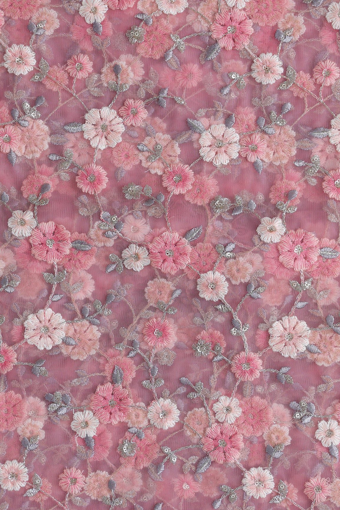 Pink And Cream Thread With Gold Sequins Floral Embroidery On Pink Soft Net Fabric