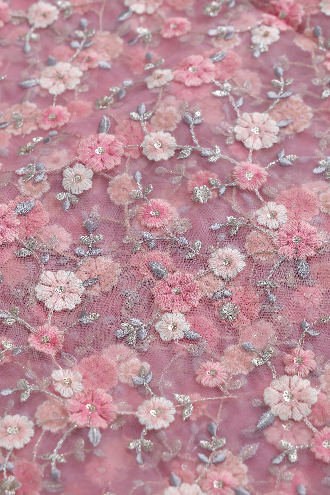 Pink And Cream Thread With Gold Sequins Floral Embroidery On Pink Soft Net Fabric