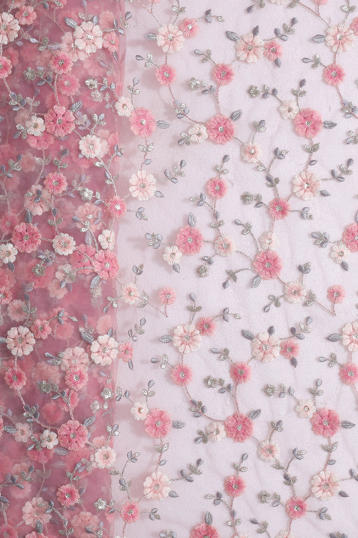 Pink And Cream Thread With Gold Sequins Floral Embroidery On Pink Soft Net Fabric