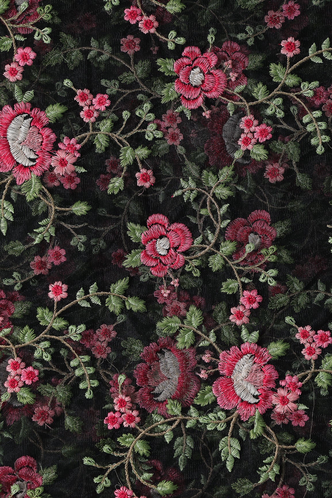 Multi Colour Floral Thread Embroidery Work On Black Soft Net Fabric