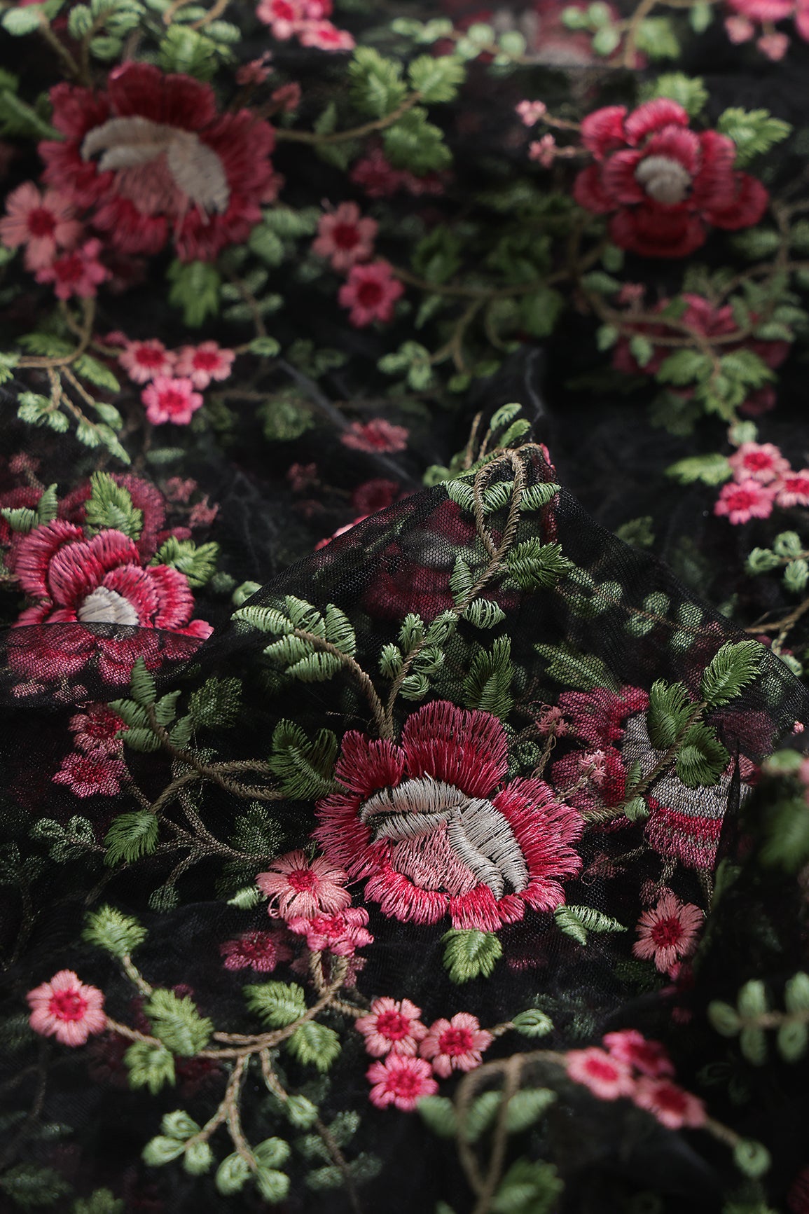 Multi Colour Floral Thread Embroidery Work On Black Soft Net Fabric