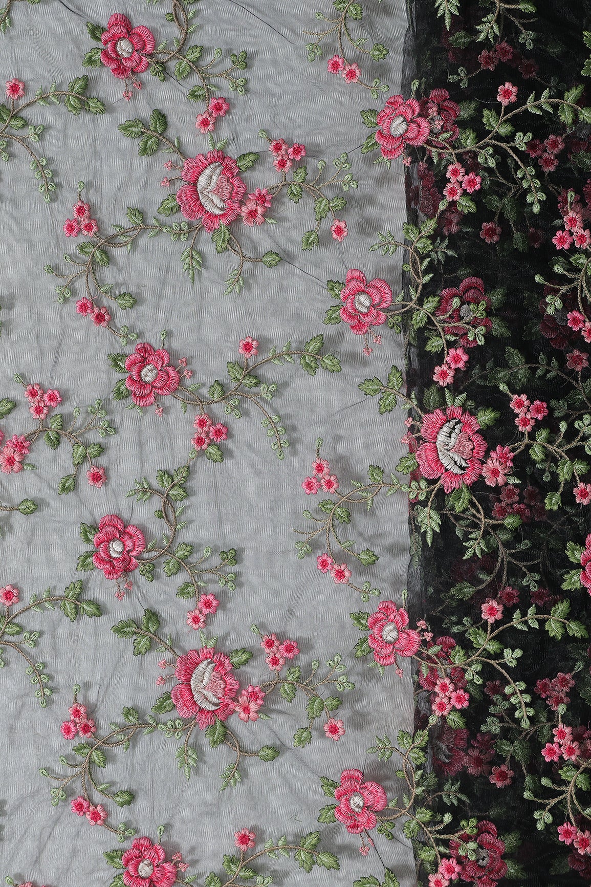 Multi Colour Floral Thread Embroidery Work On Black Soft Net Fabric