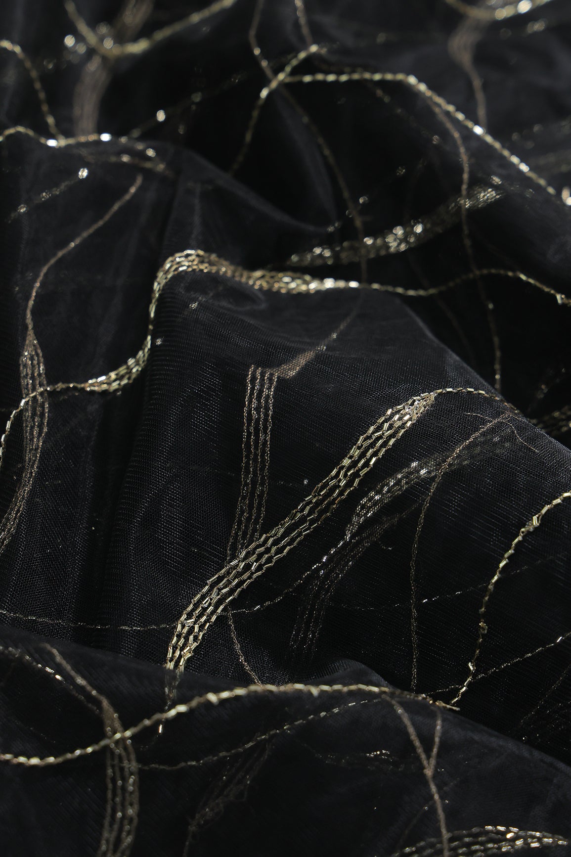 Leheriya Embroidery Work With Sequins And Beads On Black Soft Net Fabric