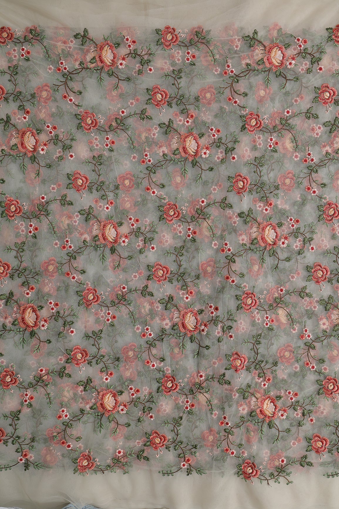 Multi Colour Floral Thread Embroidery Work On White Soft Net Fabric