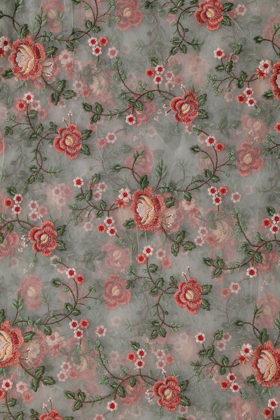 Multi Colour Floral Thread Embroidery Work On White Soft Net Fabric