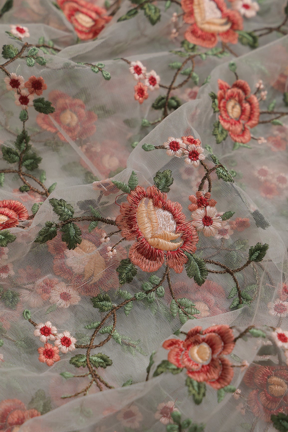 Multi Colour Floral Thread Embroidery Work On White Soft Net Fabric