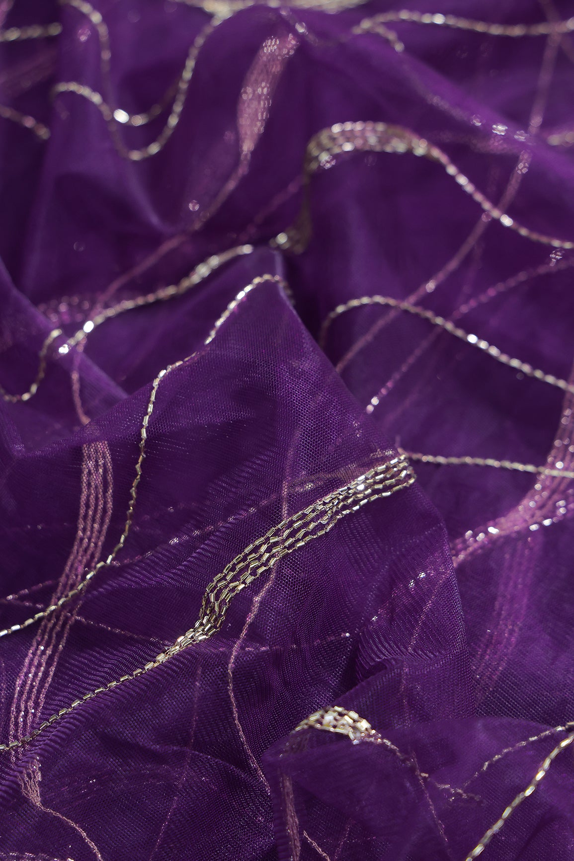 Leheriya Embroidery Work With Sequins And Beads On Purple Soft Net Fabric