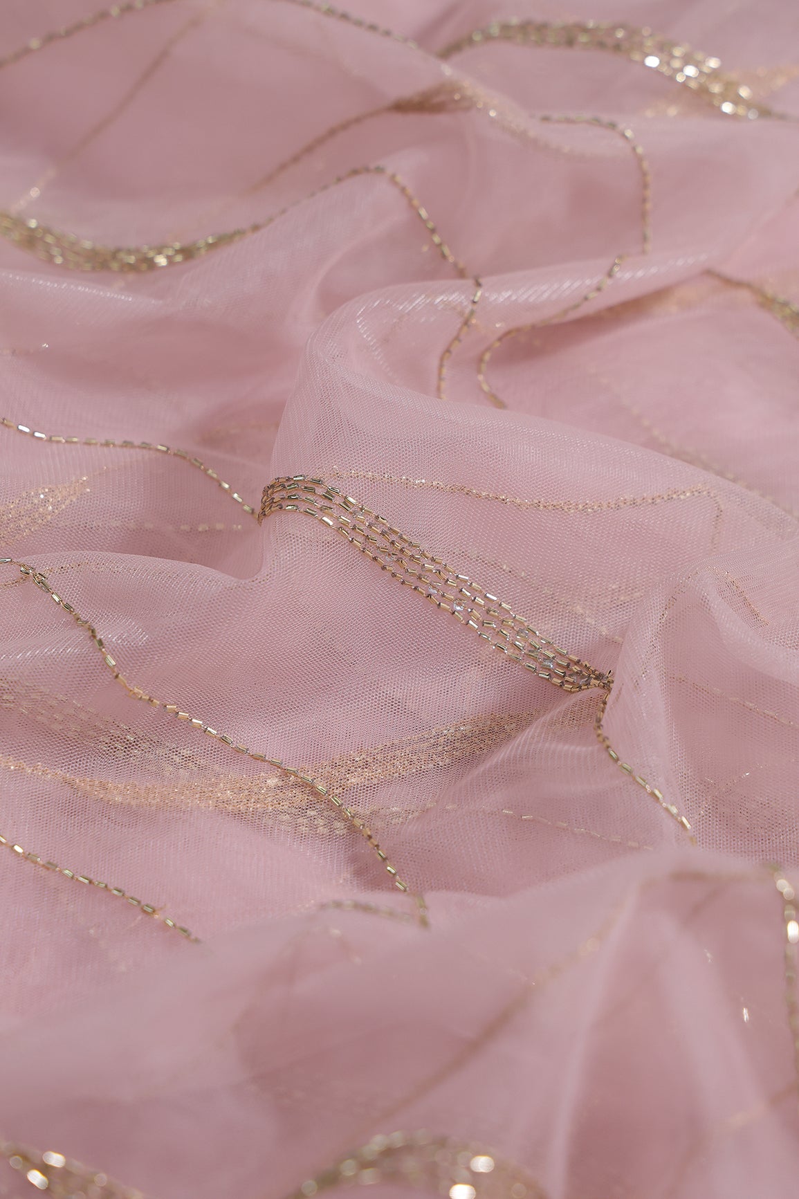 Leheriya Embroidery Work With Sequins And Beads On Peach Soft Net Fabric