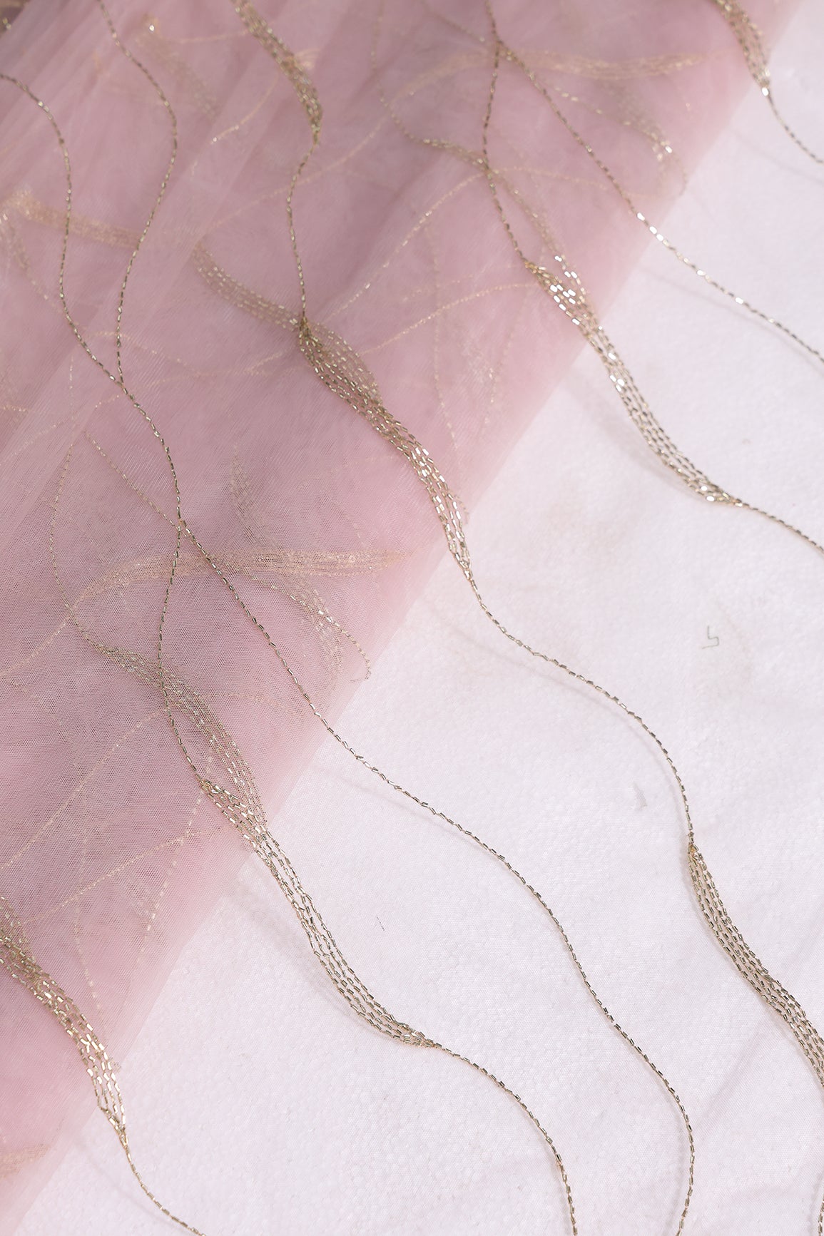Leheriya Embroidery Work With Sequins And Beads On Peach Soft Net Fabric
