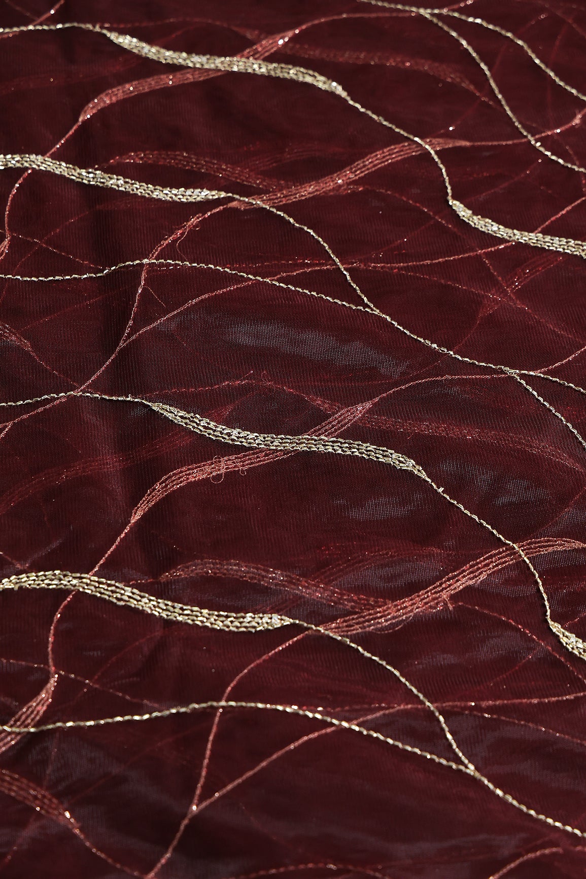Leheriya Embroidery Work With Sequins And Beads On Dark Maroon Soft Net Fabric