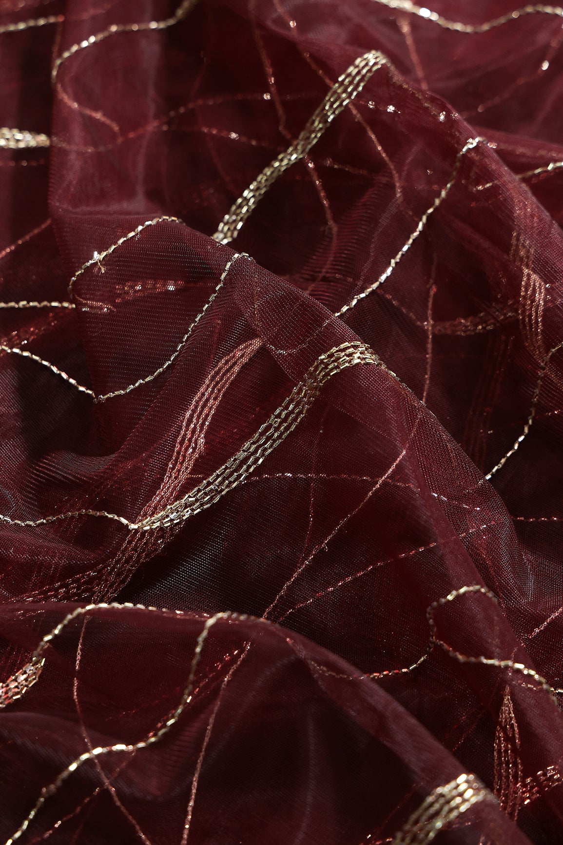 Leheriya Embroidery Work With Sequins And Beads On Dark Maroon Soft Net Fabric