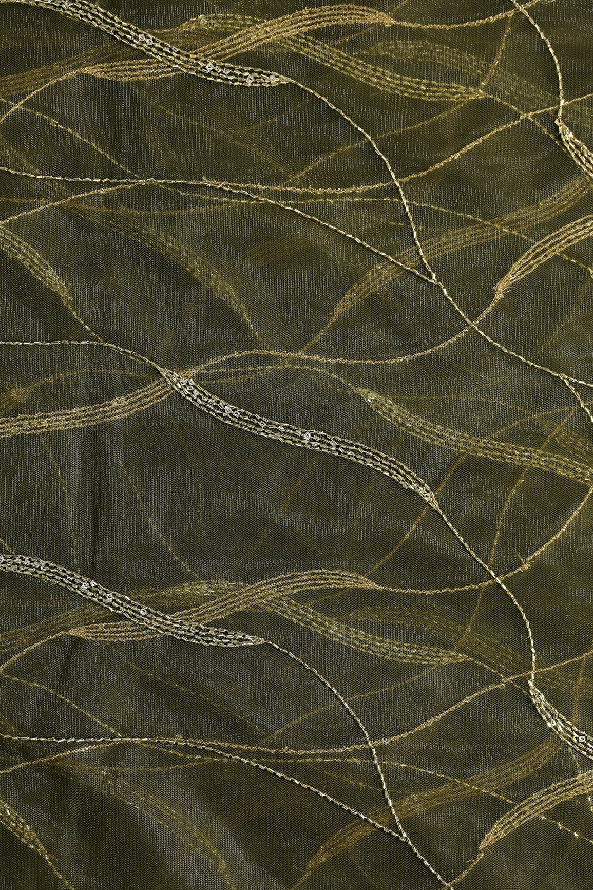 Leheriya Embroidery Work With Sequins And Beads On Mehndi Green Soft Net Fabric