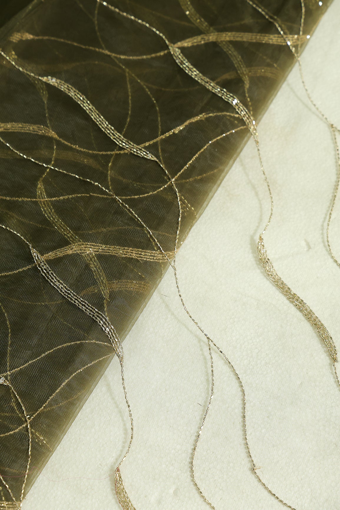 Leheriya Embroidery Work With Sequins And Beads On Mehndi Green Soft Net Fabric