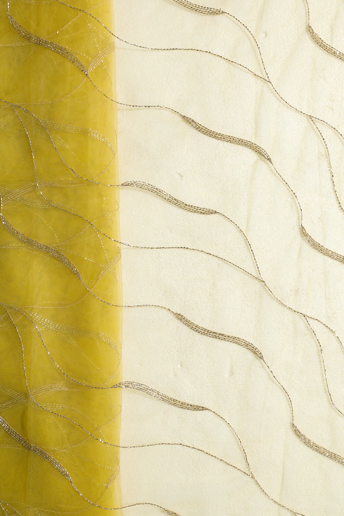 Leheriya Embroidery Work With Sequins And Beads On Lemon Yellow Soft Net Fabric