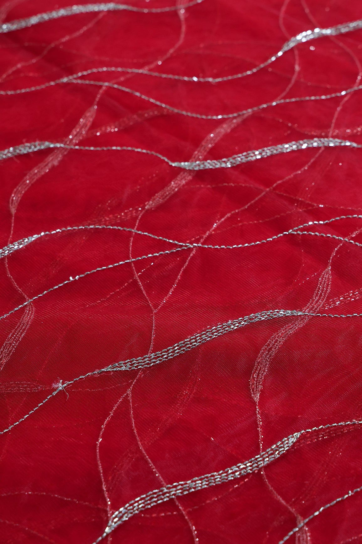 Leheriya Embroidery Work With Sequins And Beads On Red Soft Net Fabric