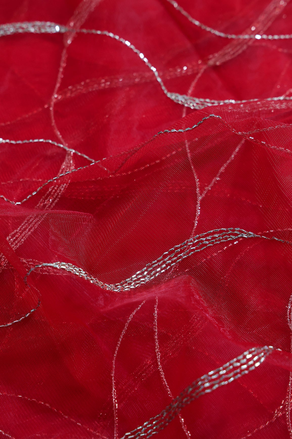 Leheriya Embroidery Work With Sequins And Beads On Red Soft Net Fabric