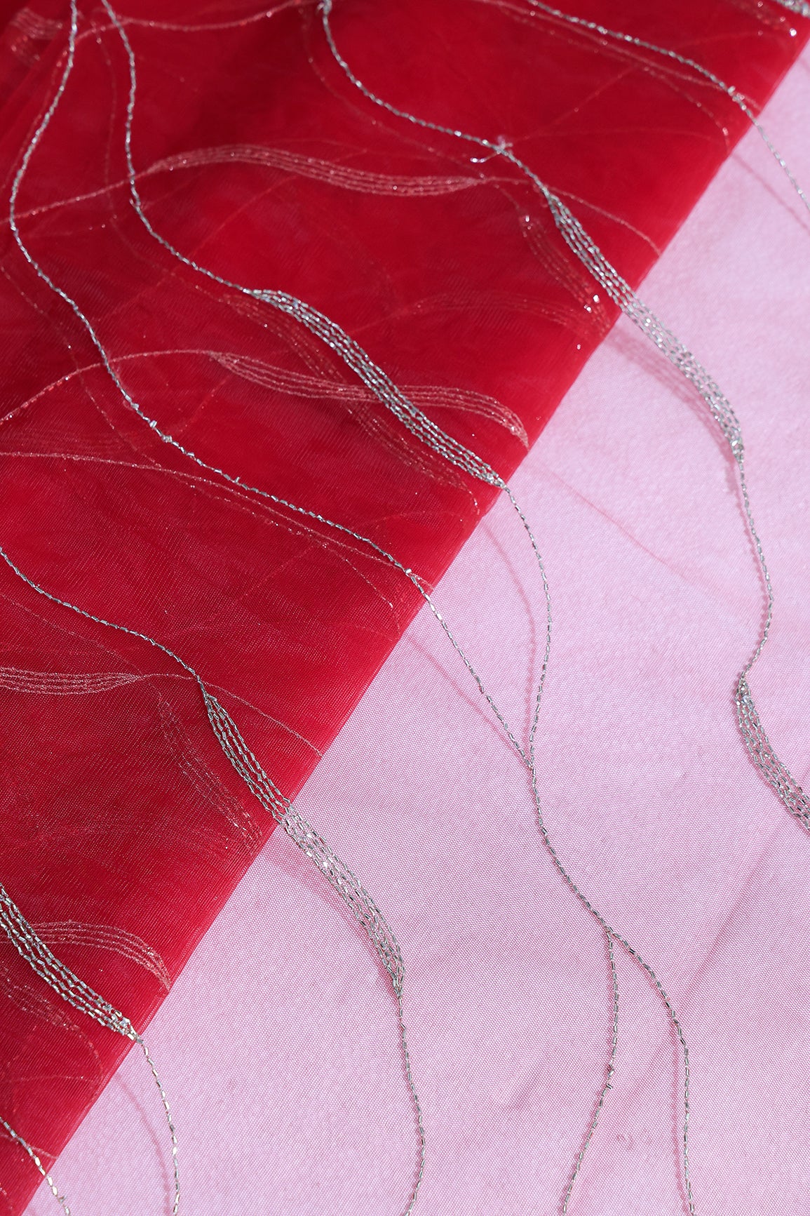 Leheriya Embroidery Work With Sequins And Beads On Red Soft Net Fabric
