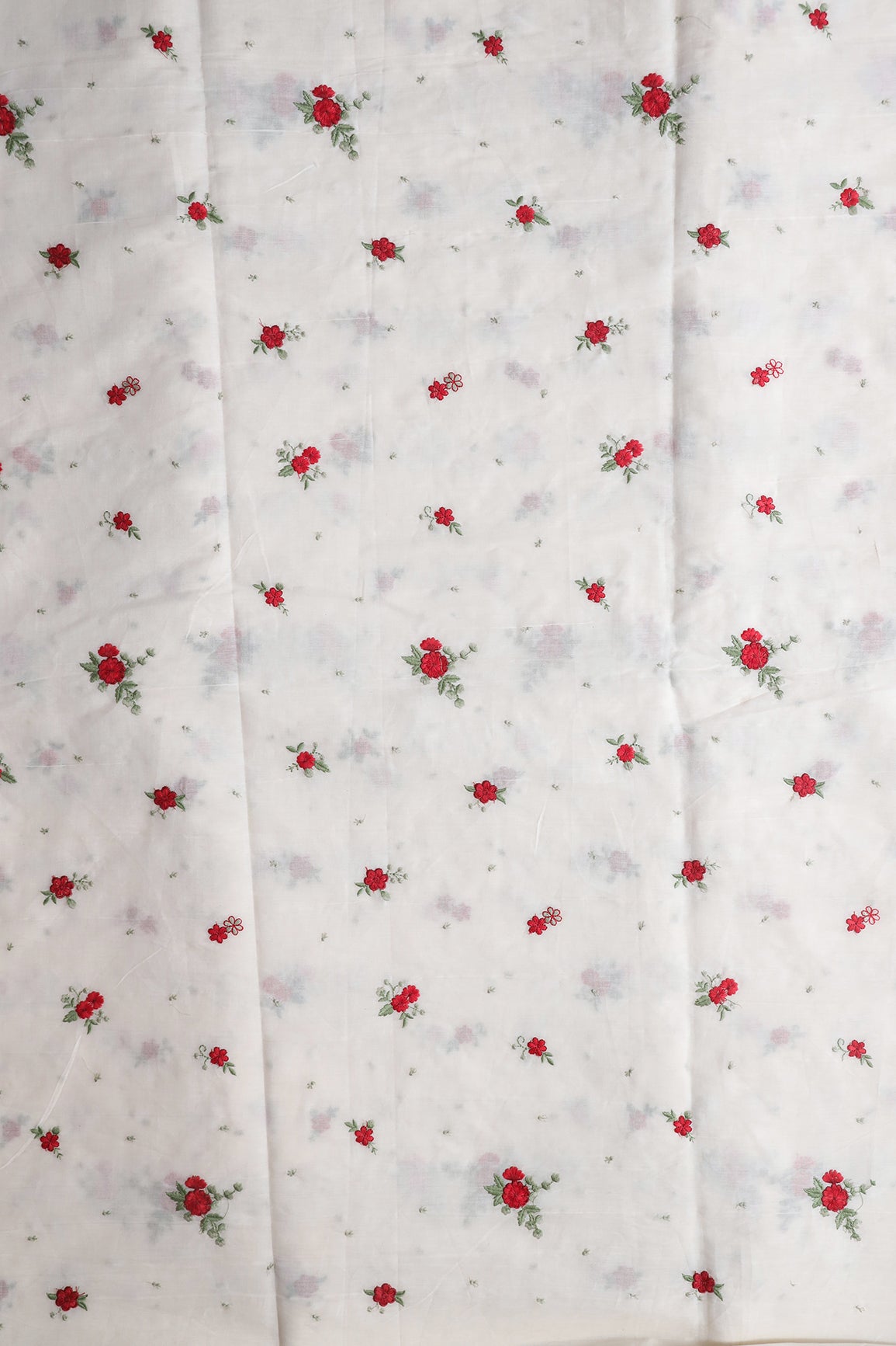 Red And Olive Thread Small Floral Embroidery On Off White Organic Cotton Fabric