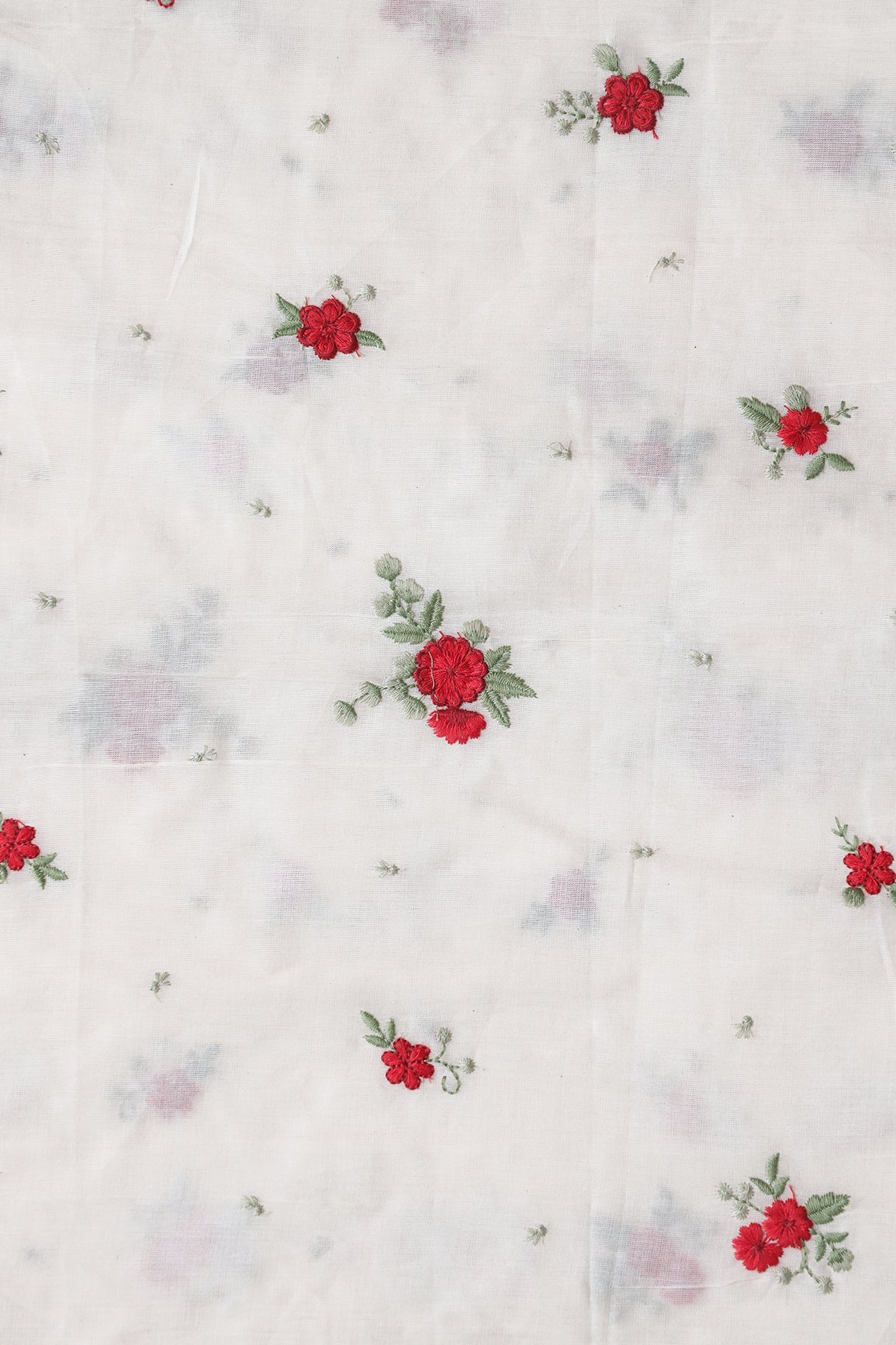 Red And Olive Thread Small Floral Embroidery On Off White Organic Cotton Fabric