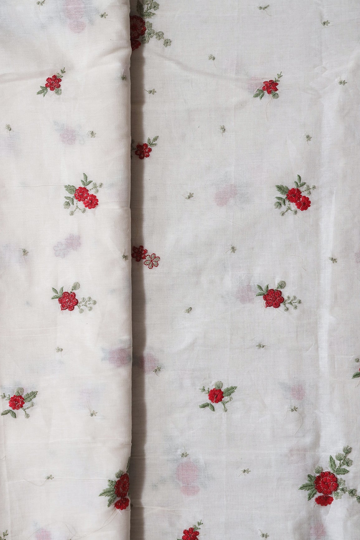 Red And Olive Thread Small Floral Embroidery On Off White Organic Cotton Fabric