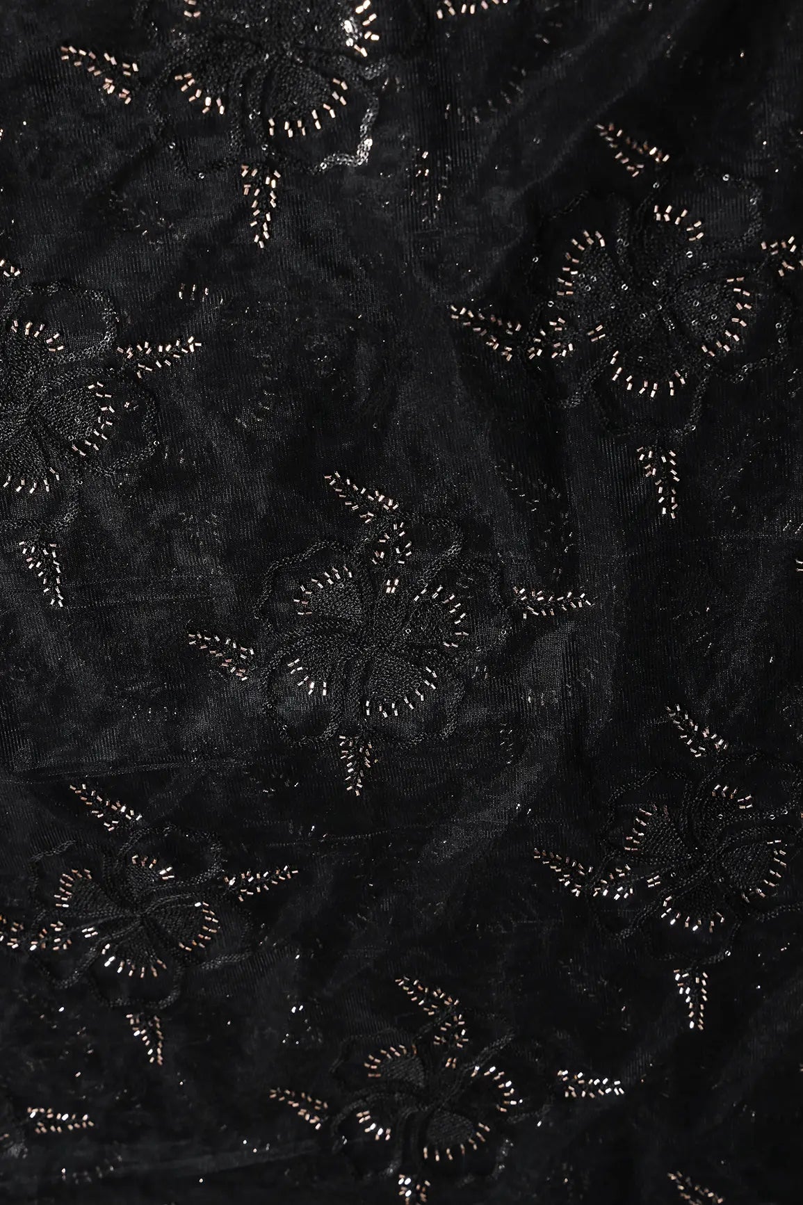 Black Thread & Gold Beads With Water Sequins Floral Embroidery On Black Soft Net Fabric
