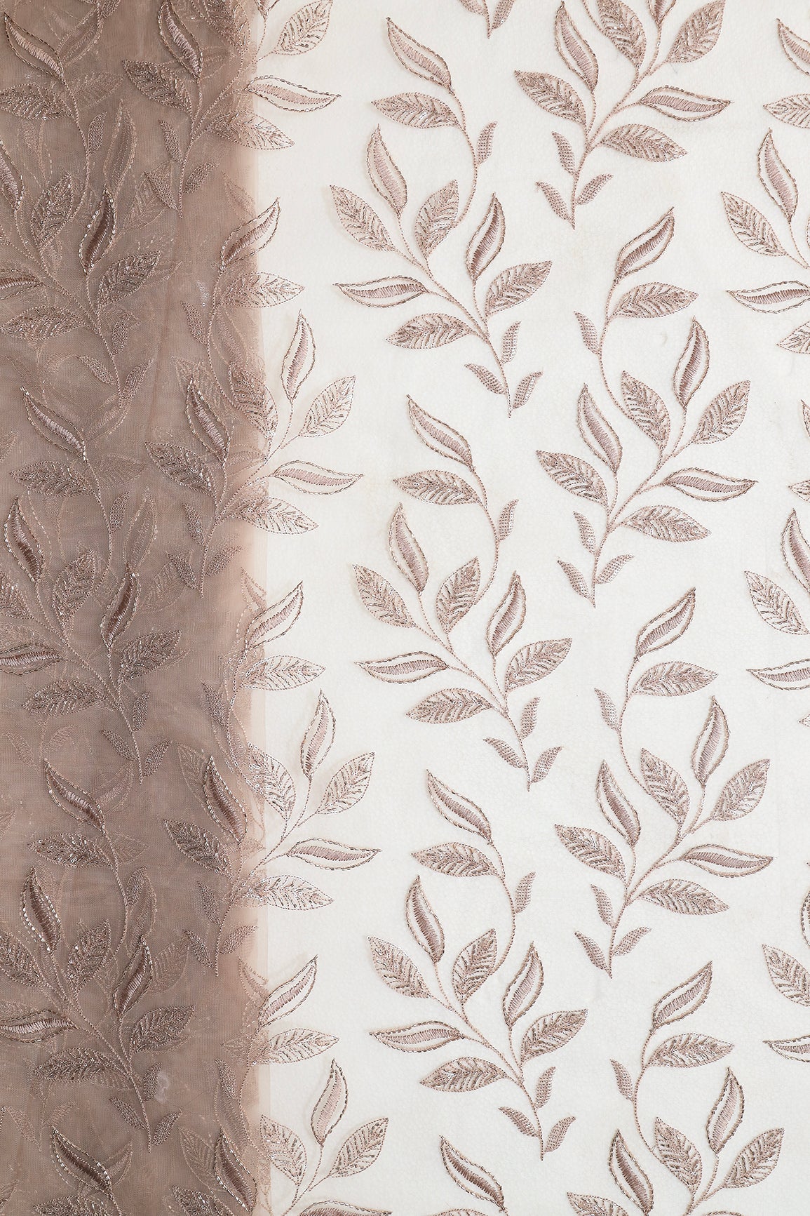 Brown Thread & Beads With Water Sequins Leafy Embroidery Work On Brown Soft Net Fabric