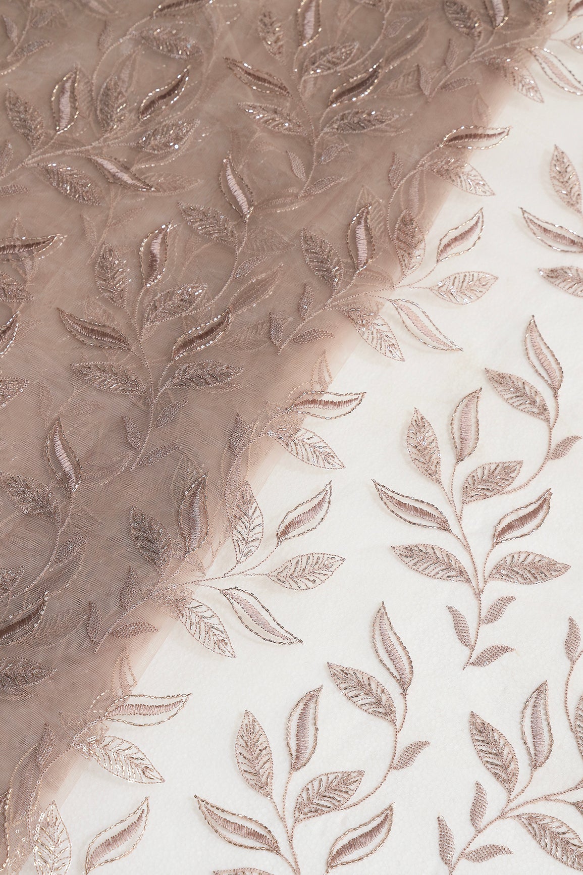 Brown Thread & Beads With Water Sequins Leafy Embroidery Work On Brown Soft Net Fabric